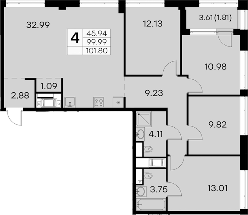 4-комнатная квартира 101.8 м², 11/19 эт., ЖК «GloraX Aura Vasileostrovsky»